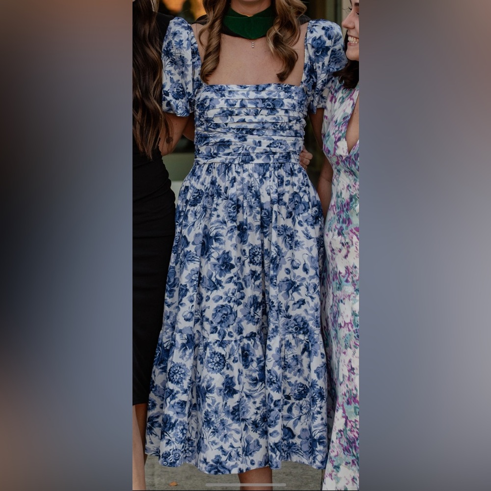 Abercrombie Poplin Midi Dress - Floral Blue and White